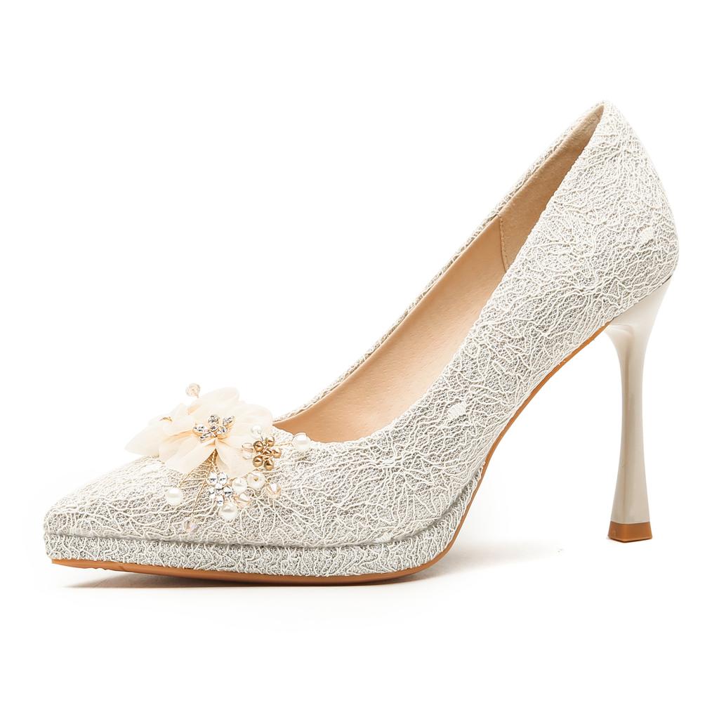 Bridal Wedding Dress Stiletto Wedding Shoes Women Are Not Tired Feet Waterproof Table High Heels Rhinestone Flower Shallow Mouth Stiletto Shoes