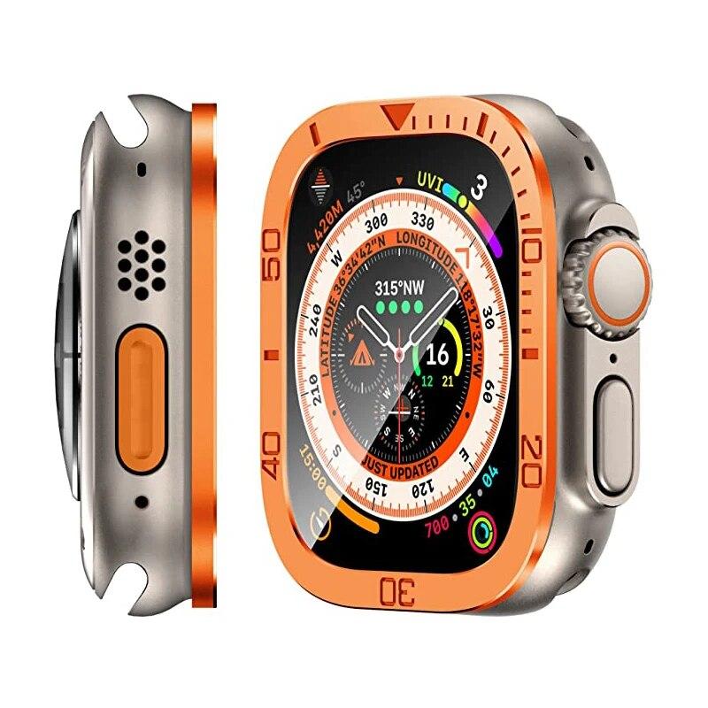 Защитная пленка для экрана для Apple Watch Ultra 49 мм, аксессуары для корпуса, металлическая рамка + закаленное стекло для iWatch Ultra 2, кольцо безеля 49 мм