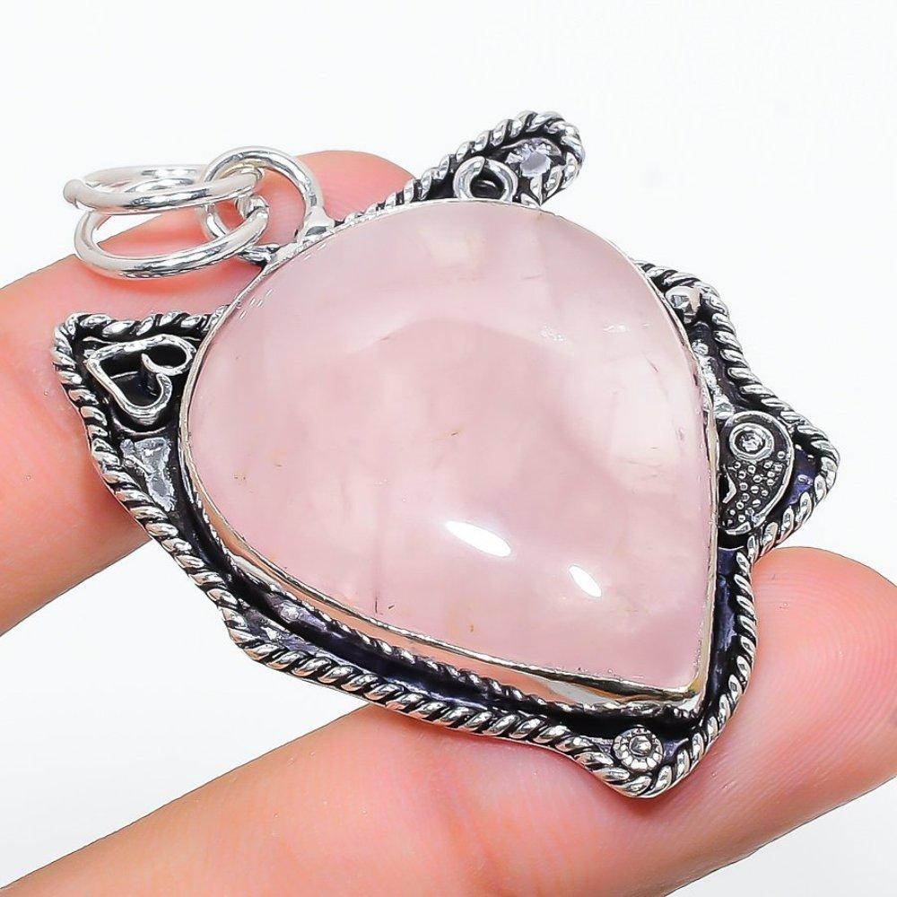 Rose Quartz Gemstone Handmade 925 Sterling Silver Jewelry Pendant 2.17" c5R80