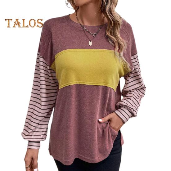 Женская футболка с круглым вырезом и длинным рукавом в полоску контрастного цвета свободного кроя, эластичная дышащая футболка-пуловер