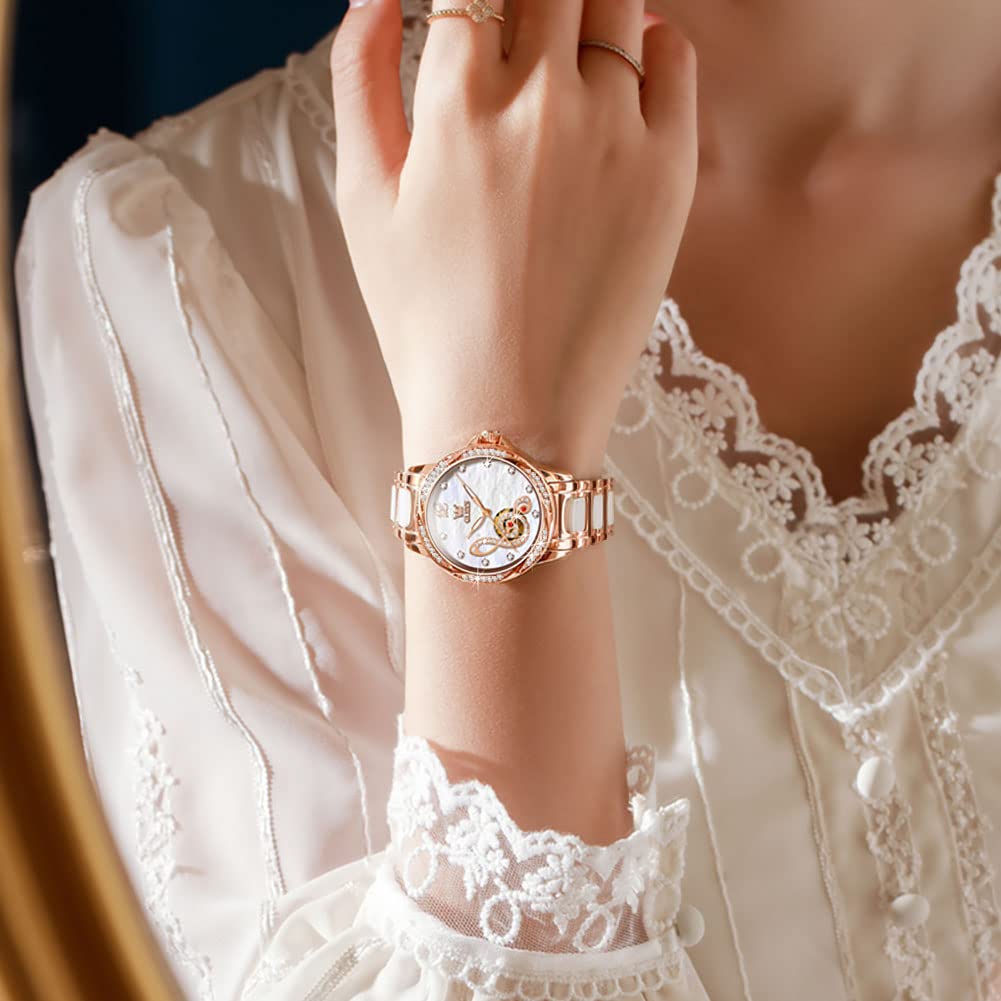 OLEVS механические наручные часы с автоматическим заводом керамические розовые золотые кристаллы водонепроницаемые нержавеющая сталь белые часы белые женские женские