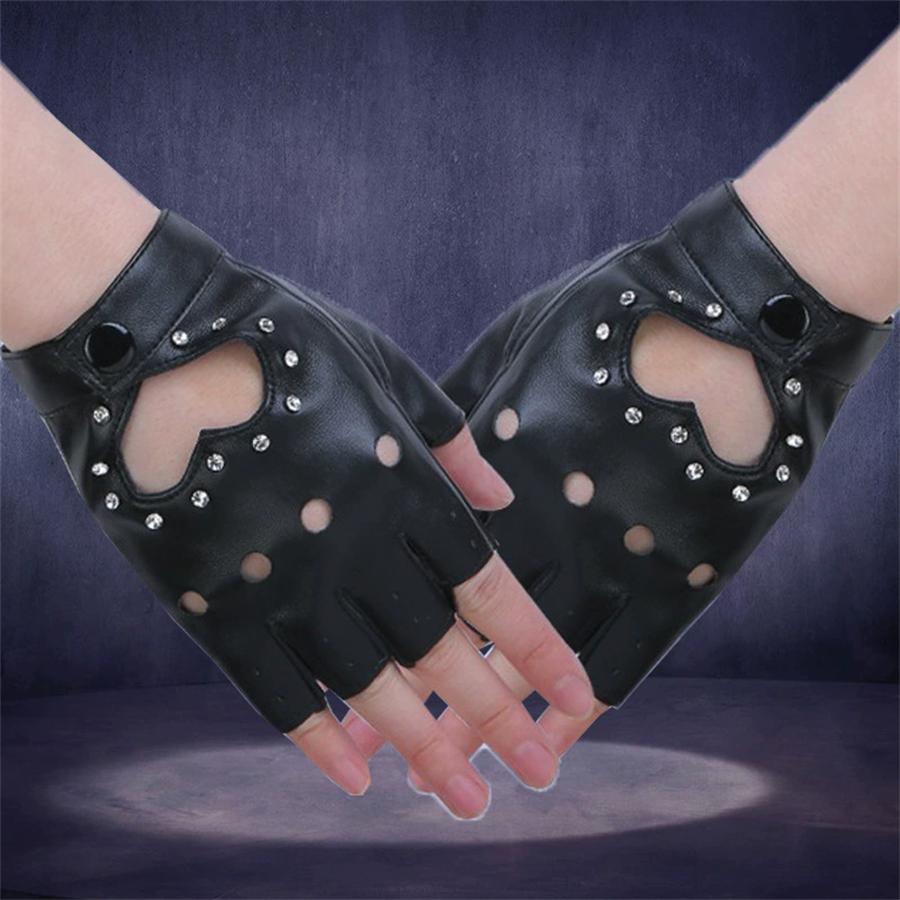 Women Heart Cutout Rhinestone Fingerless Gloves, Punk Faux Leather Half Finger Gloves for Dancing, Cosplay, Biking, Party, Performance