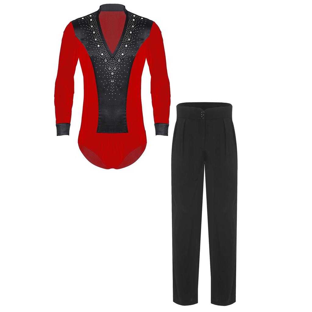 Mens Latin Dance Outfit V Neck Long Sleeve Rhinestone Bodysuit Satiny High Waist Straight Long Pants