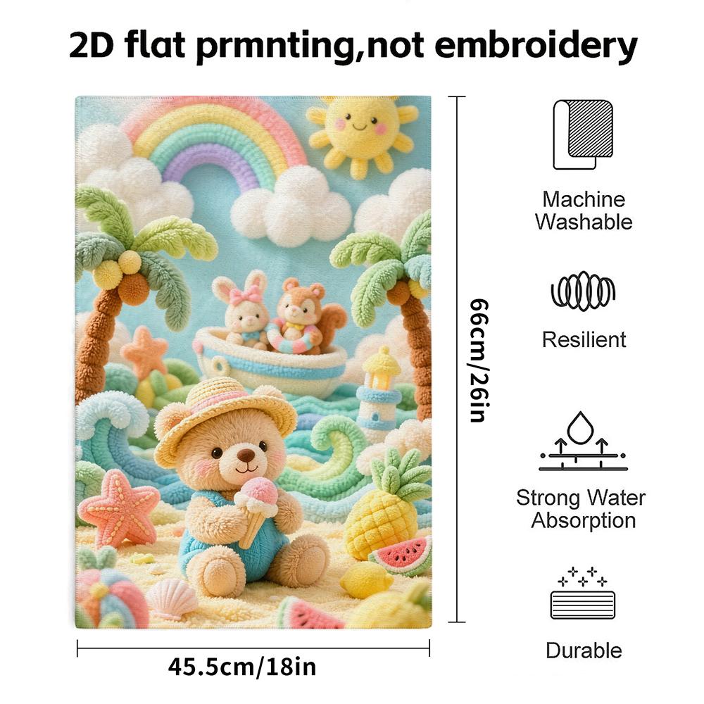 Crochet Bear Summer Beach Bath Towel, Soft Absorbent Kids Towel, Palm Tree Rainbow Bunny Squirrel Quick Dry Towel