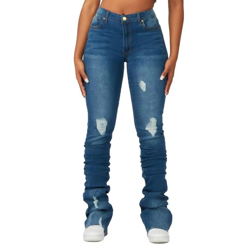 VibeStreet Washed Denim Straight Pants Women Ankle Length Jean Ripped Hole Distressed Pockets Solid Casual Skinny Vintage High Waist