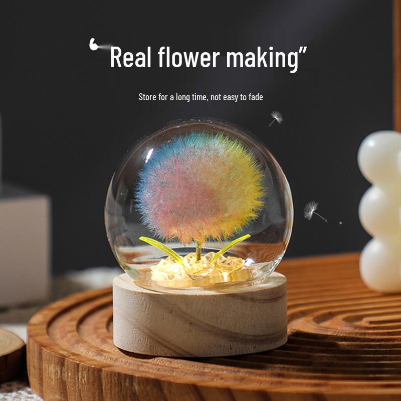 Светящийся букет из стабилизированных цветов «Одуванчик» Ночник в стеклянном куполе - Подарок на день рождения для девочки или девушки