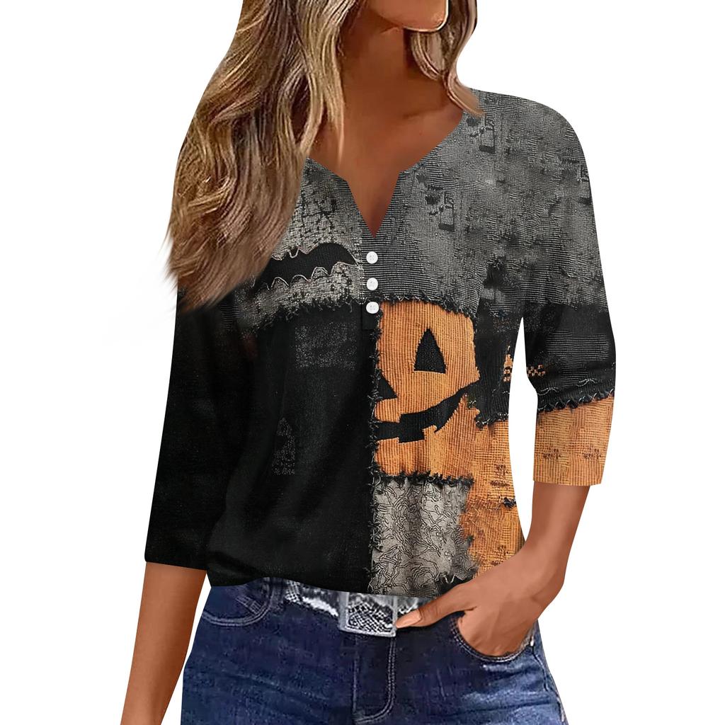Women's Fashion Button-Up V-Neck Three-Quarter Sleeve Halloween Print Top