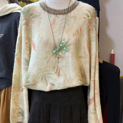 Женские свитера с цветочным принтом и вставками в корейском стиле, элегантный женский вязаный топ, осенняя мода, универсальный женский пуловер