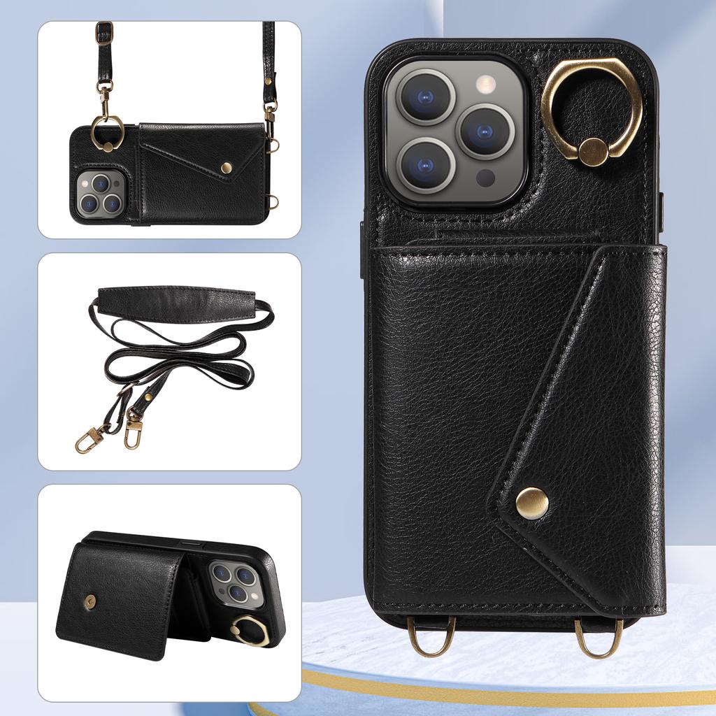 Для iPhone 15 серии. Для iPhone 15, 15 Plus, 15 Pro, 15 Pro Max плечевой ремень веревка кольцо кронштейн дизайн держатель для карт слоты личи узор чехол для телефона