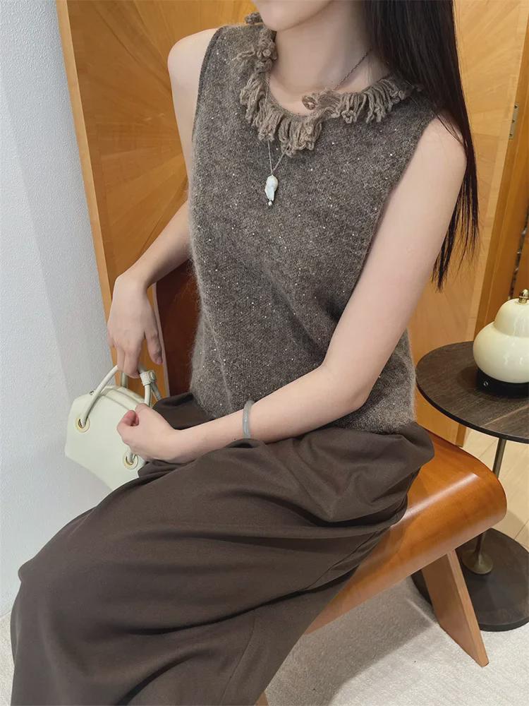 Осень и зима 2024 Вязаный жилет: 30% мохер, 25% шерсть с кисточками