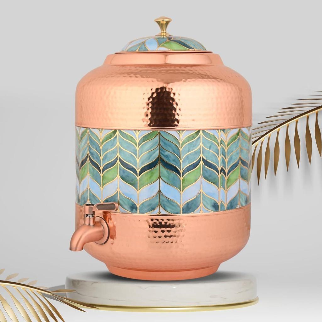 Медный молоток, резной диспенсер для воды, матка, сосуды, горшок, контейнер с краном из нержавеющей стали, 11 литров, аюрведические преимущества для здоровья, йога, медь