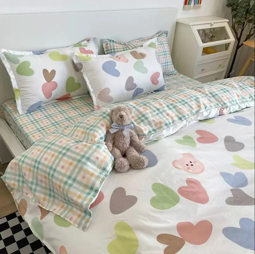 Striped Flower Duvet Cover Set + Flat Sheet + 2pc Pillowcases Single Double Twin Queen King Size Bed Linen Bedding Textile B90F