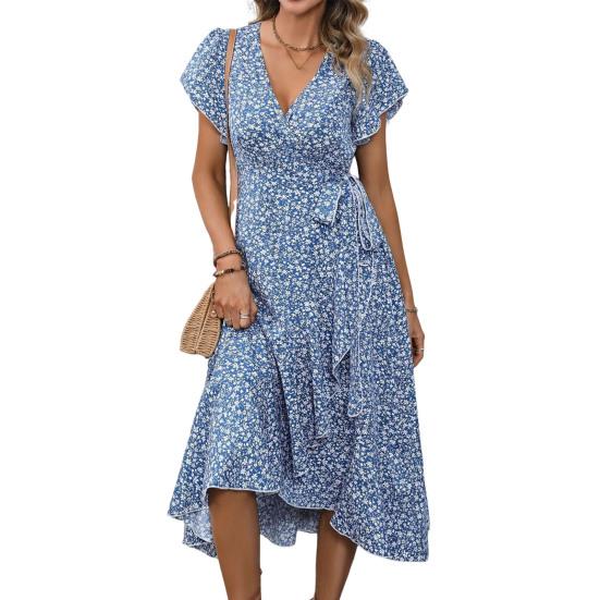 Летнее цветочное макси-платье для женщин с V-образным вырезом, коротким рукавом, оборкой, подолом, платье-халат в стиле бохо, повседневное, разрез, струящееся, длинное пляжное платье