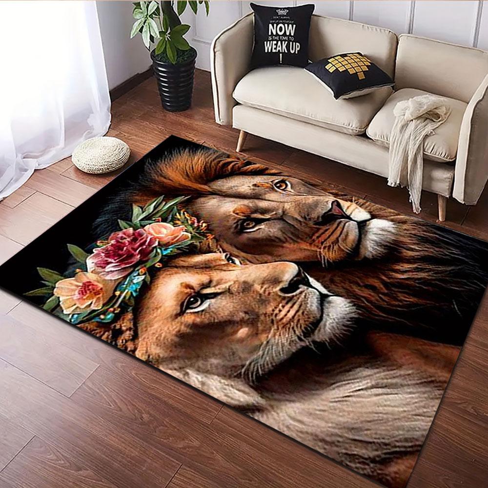 "Lion Pair with Floral Crown Artwork" Patterned carpet, suitable as a non slip play mat for the living room and bedroom sofa