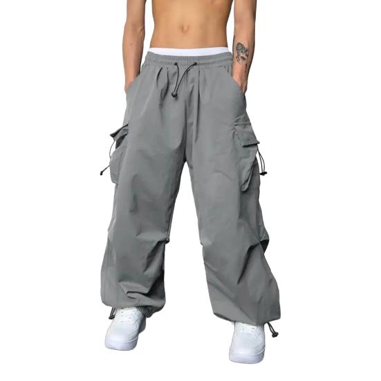 Men Casual Cargo Pants Hip Hop Baggy Trousers with Pockets Low-Rise Elastic Waist Drawstring Loose Pants for Spring Autumn Street Travel
