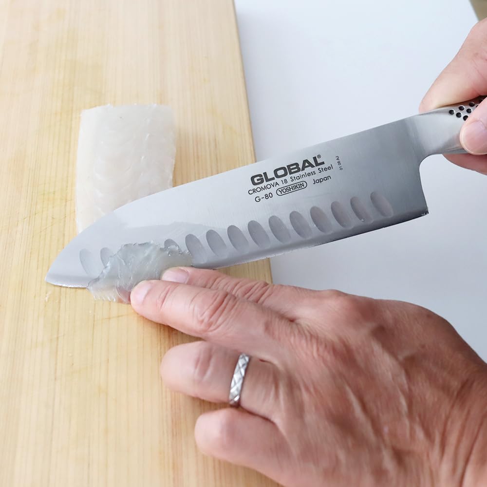 GLOBAL Santoku Knife Set All Stainless Made in Japan GST-B80 (18cm grooved) - Steel, (3-piece set)
