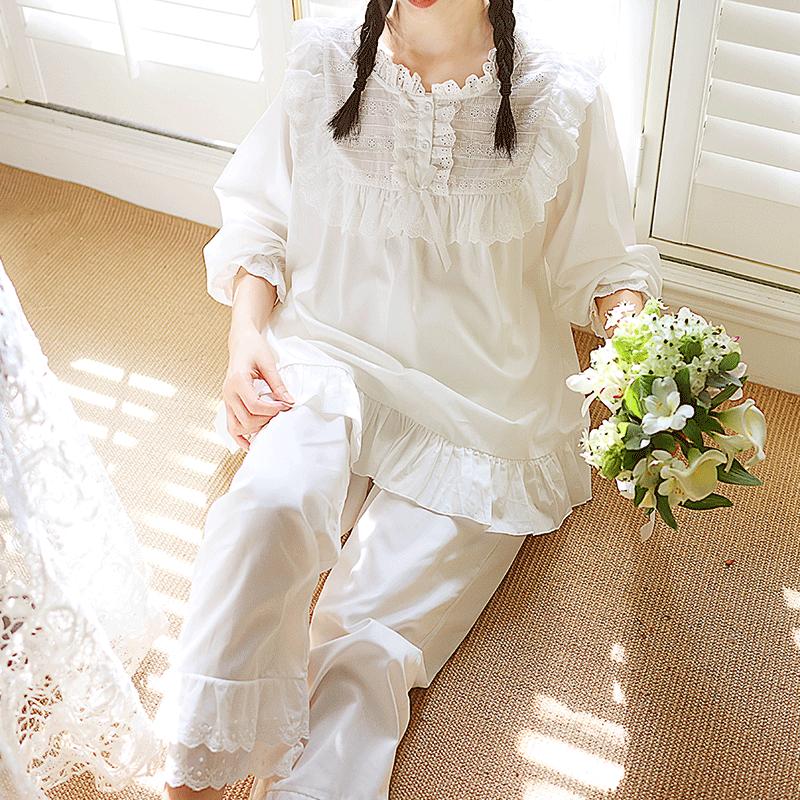 Women Princess Long Sleeve Lace Ruffle Pajama Sets Tops+Pants.Cotton Pyjamas Set Girl's Home Sleepwear