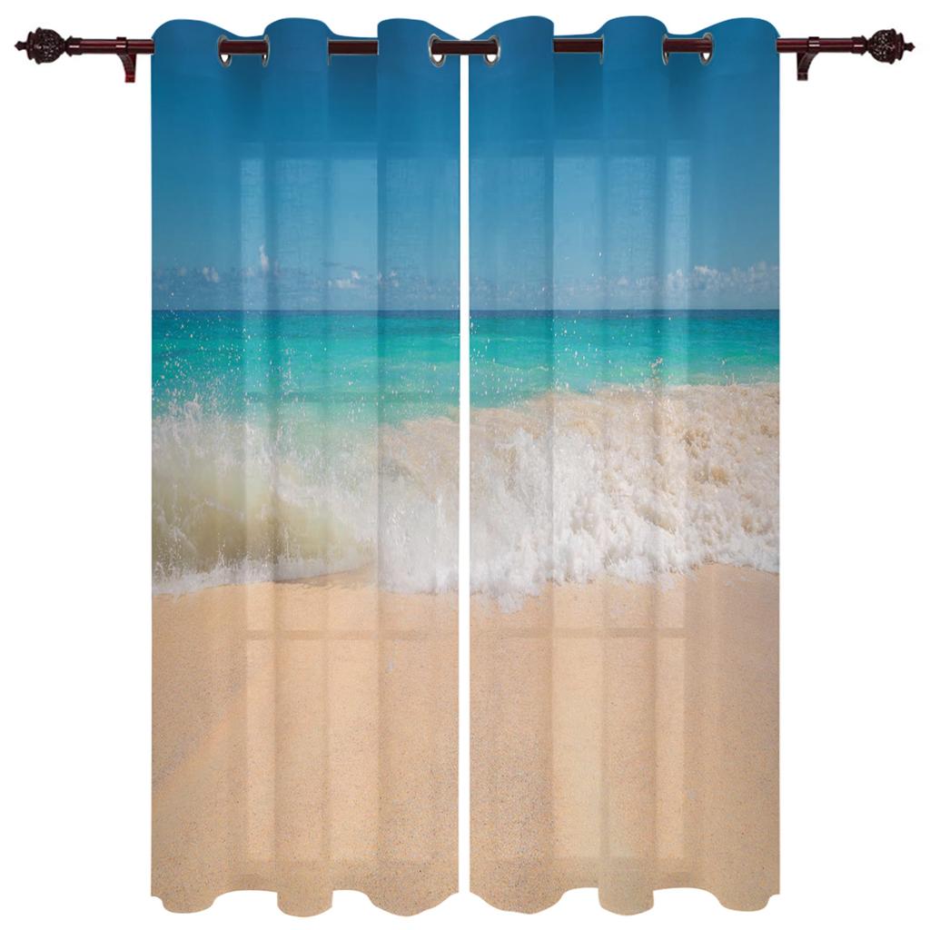 Windows Sea Beach Blue Sky White Clouds Luxury Home Curtains Modern Home Supplies Living Room Bedroom Custom Curtains