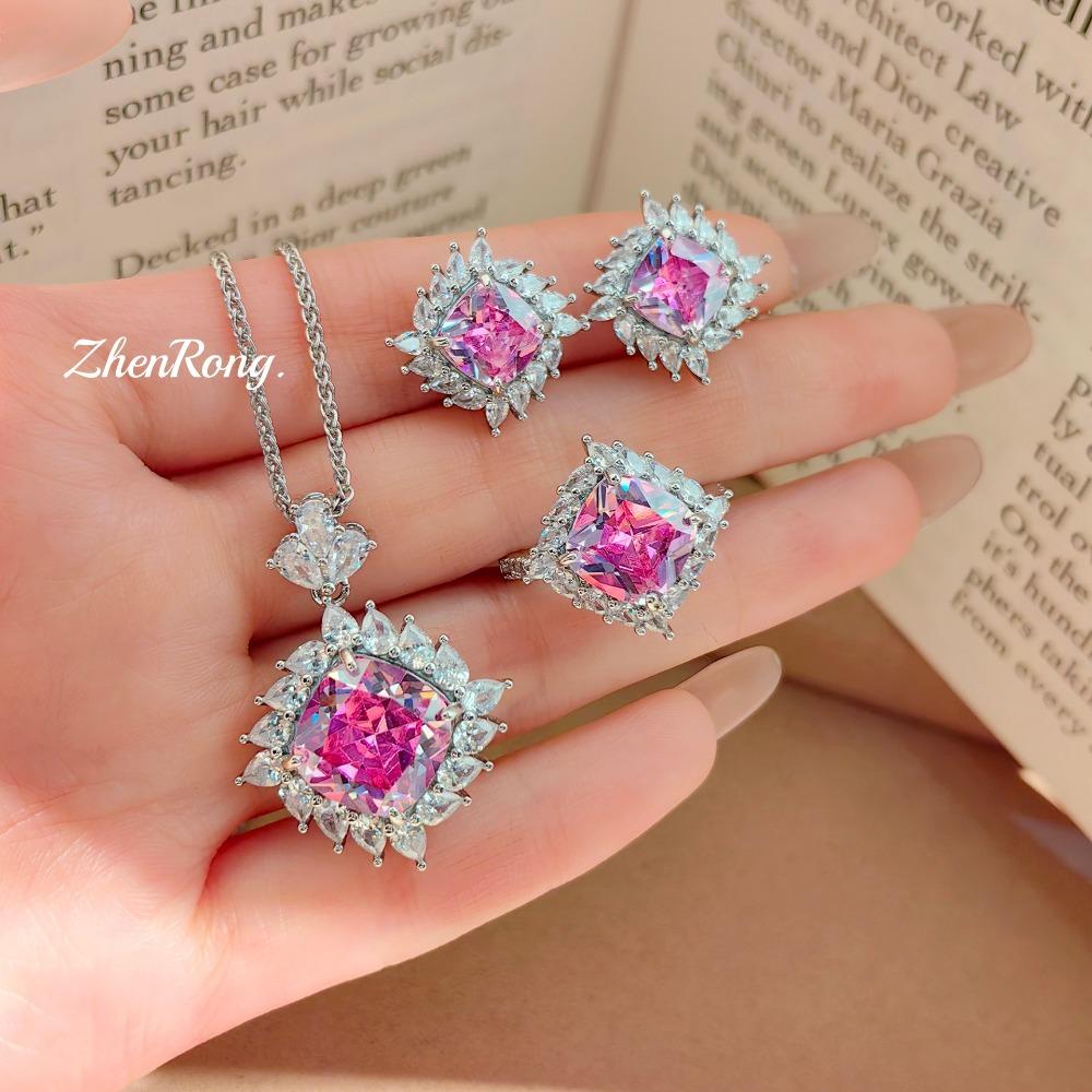 Женский элегантный набор украшений Розовый турмалин Квадратное кольцо Подвеска Ожерелье Высокоуглеродистые бриллианты Гвоздики