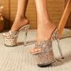 Liyke сексуальные туфли с открытым носком для вечеринок и клуба, стрип-танцевальные туфли на высоком каблуке 17 см, женские тапочки, прозрачные сандалии на платформе с блестками