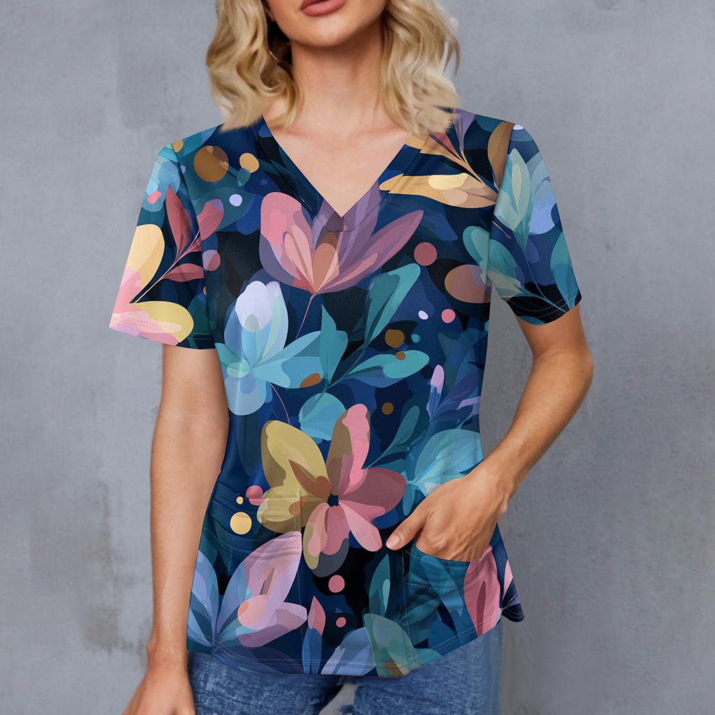 Women's Retro Printed V-Neck Double Pocket Short Sleeves Hem Slit Uniform Caregiver Top