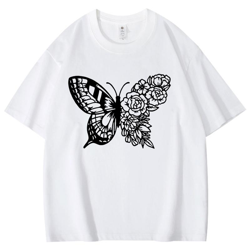 Half Butterfly Half Flower Pattern Unisex Women Cotton TShirt Simple Unisex Tee Loose Large Size Top Couple Shirt Street Clothing