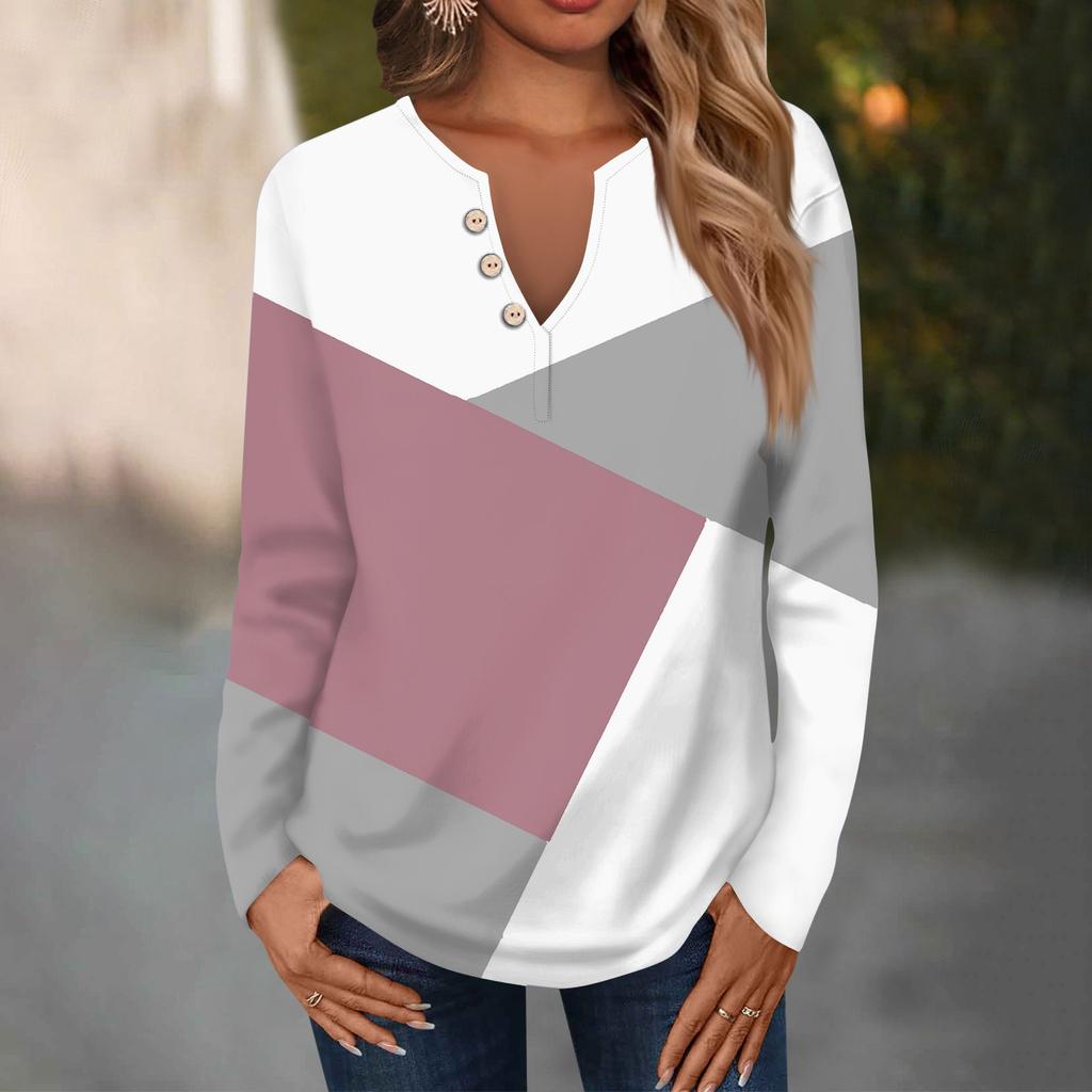 Женская модная повседневная футболка с V-образным вырезом и длинным рукавом, с принтом, с декоративными пуговицами