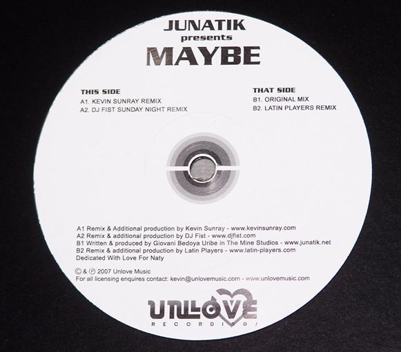 12-дюймовая пластинка JUNATIK - Maybe UNLVMC001 UNLOVE RECORDIN 2007 Греция Танцевальная и Электронная Б/У