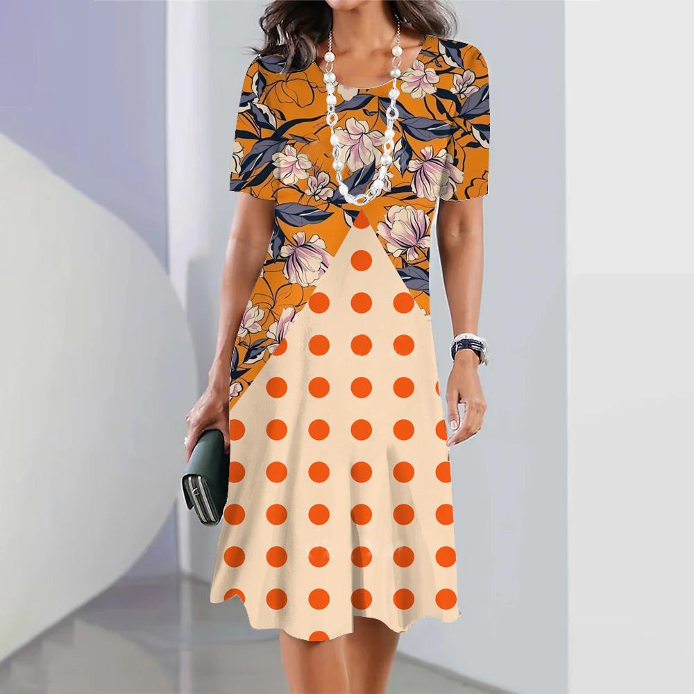 Женское модное платье с цветочным принтом, летнее ретро-платье с круглым вырезом, повседневное платье А-силуэта, свободное женское платье с коротким рукавом