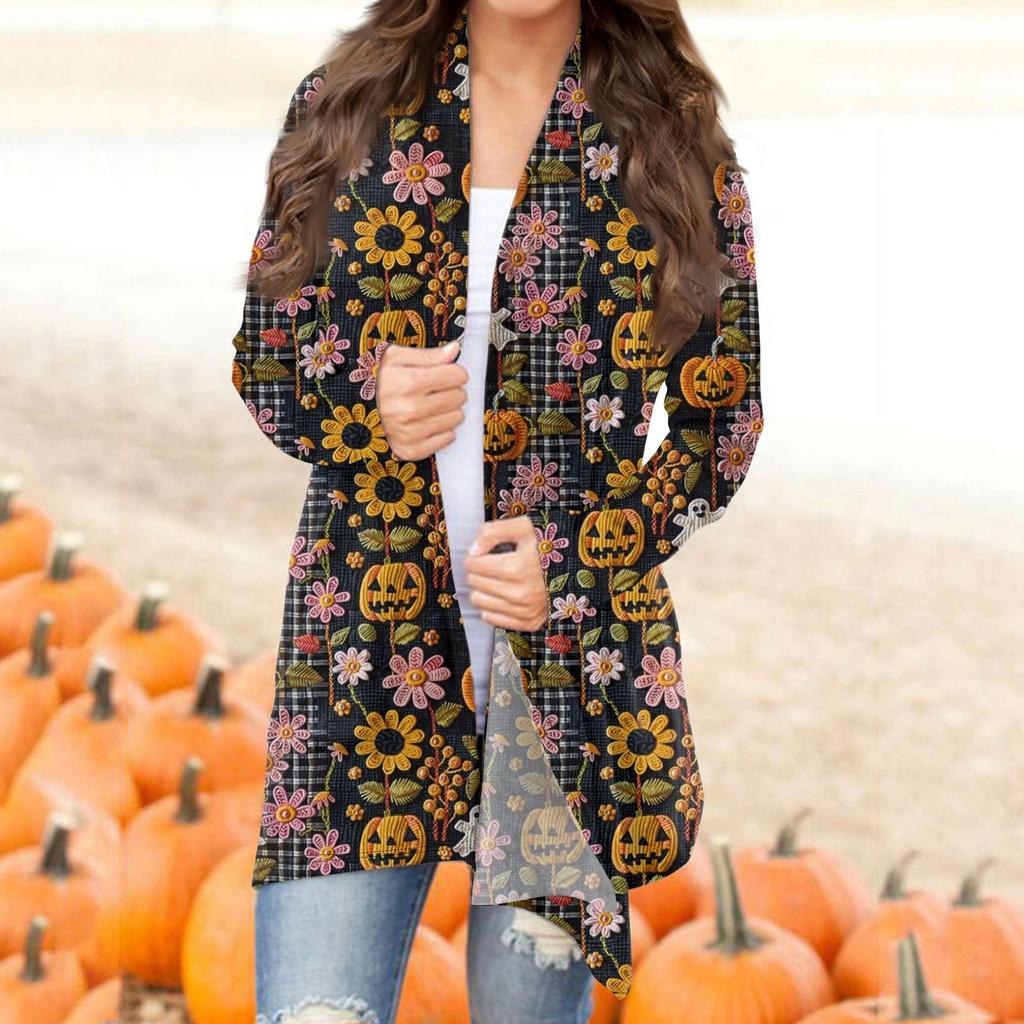 Женская мода повседневная Хэллоуин принтованный длинный рукав кардиган средней длины топы