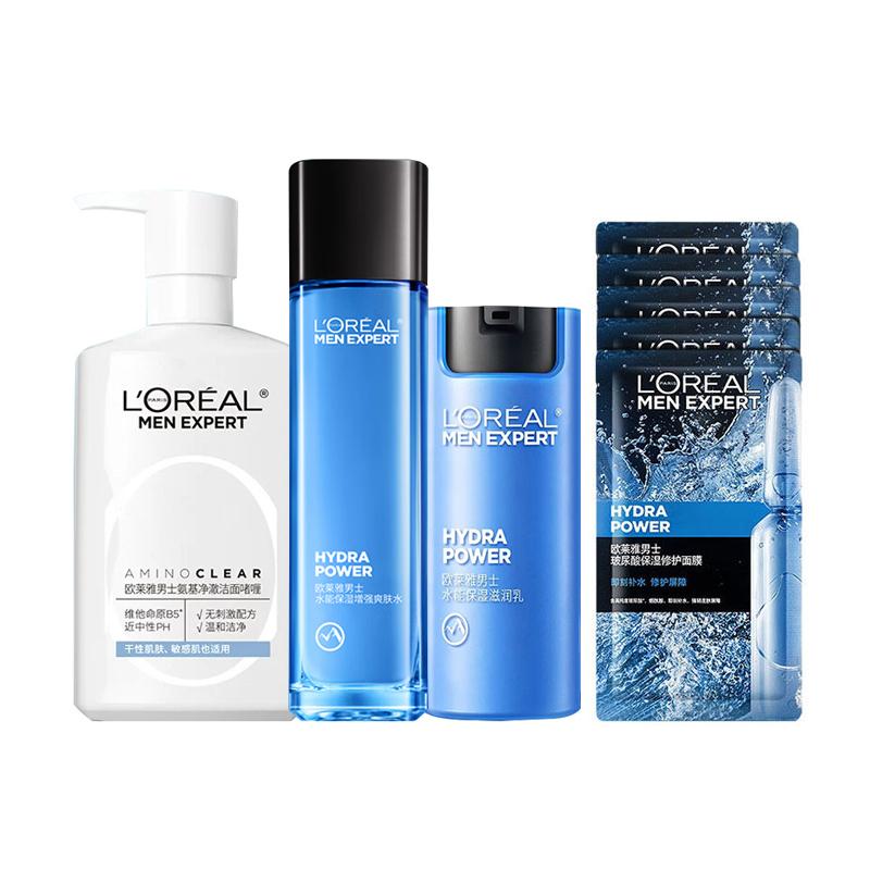 Loreal Paris Мужской, Контроль жирности, Очищающий и успокаивающий, Увлажняющий с гидро аминокислотами, Набор из 4 средств по уходу за кожей - Набор из четырех штук