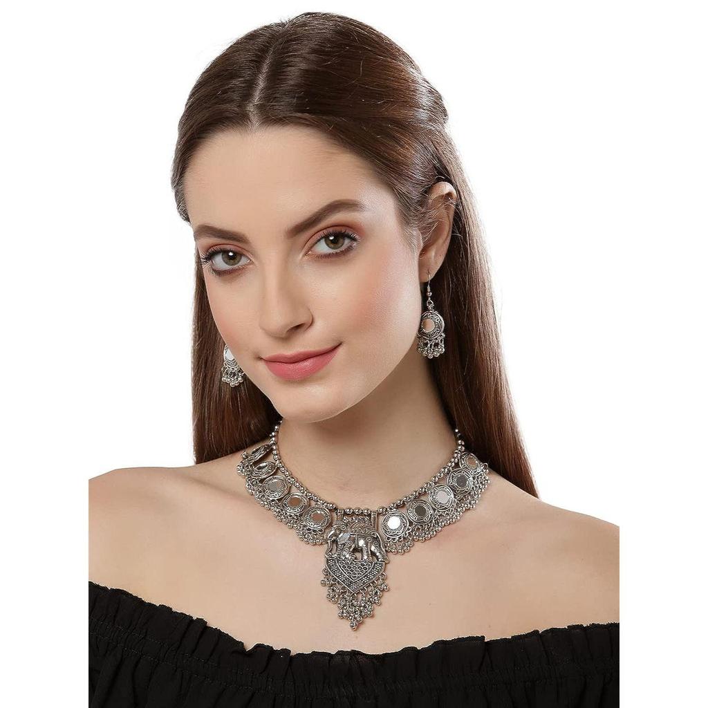 Shining Diva Fashion Latest Stylish Traditional Oxidised Silver Necklace Jewellery Set for Women