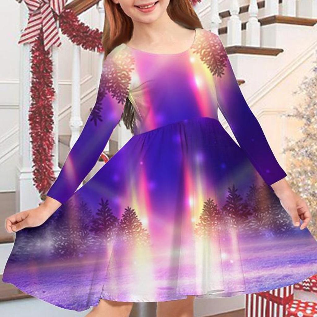 Весеннее повседневное платье принцессы с объемным синим нотом для девочек и принтом снежинок, круглым вырезом и длинными рукавами, детское платье принцессы на Рождество