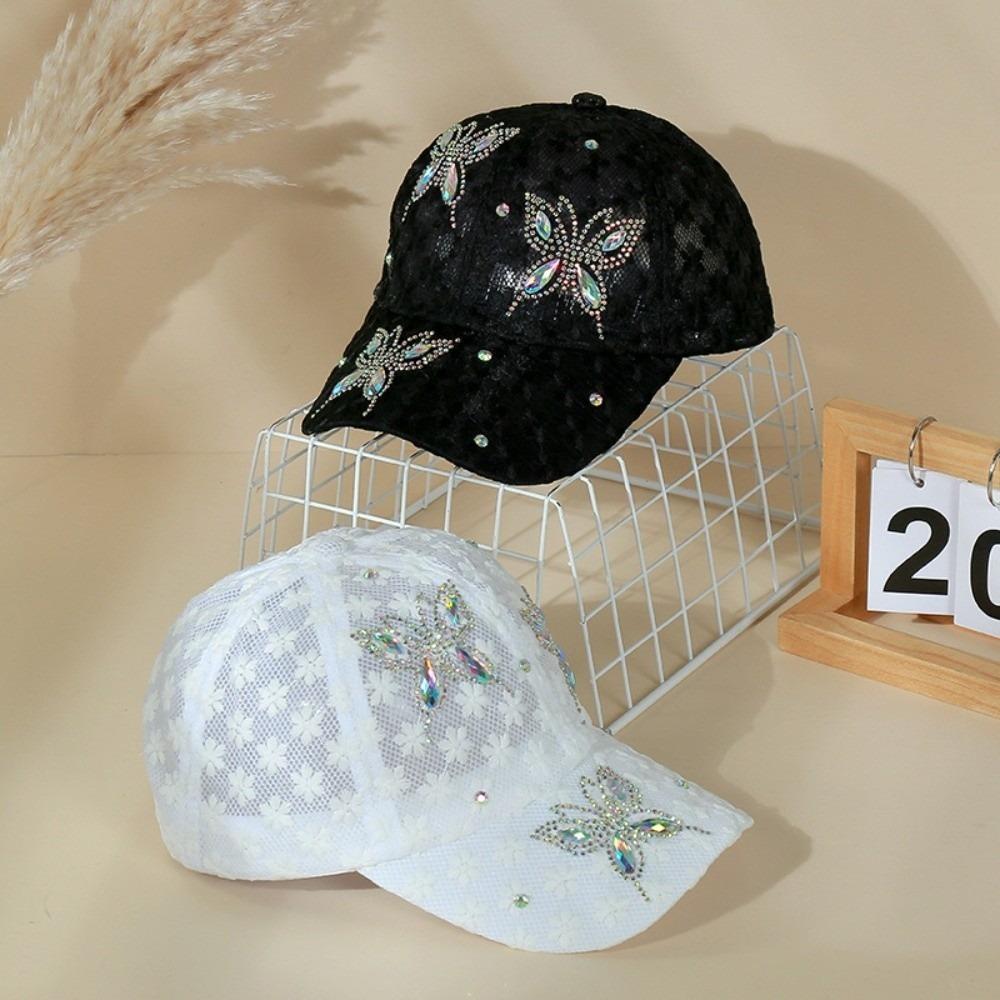 Butterfly Flower Baseball Cap Rhinestone Mesh Peaked Hat Breathable Visors Cap Women