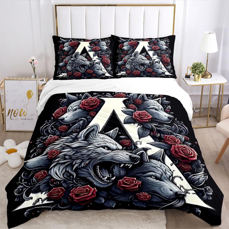 3pcs Wolf Pack Rose Crest Print Cover Set Ultra Soft, Breathable