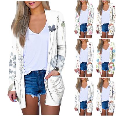 Женская модная свободная повседневная куртка-кардиган с карманом и цветочным принтом, топы с длинными рукавами