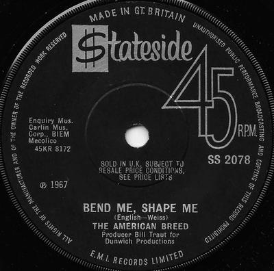 7-дюймовая пластинка AMERICAN BREED - Bend Me, Shape Me SS2078 Stateside 1968 UK Рок Б/У