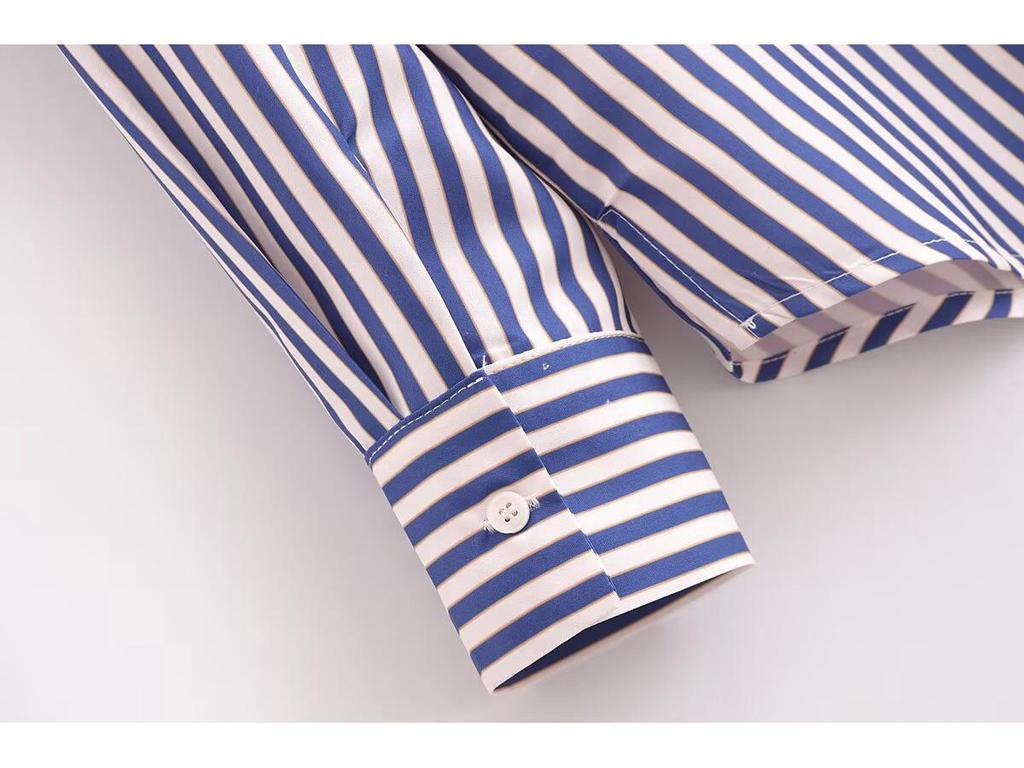 2025 Spring Women's Metallic Thread Striped Long Sleeve Shirt with Turn-Down Collar, European & American Style.