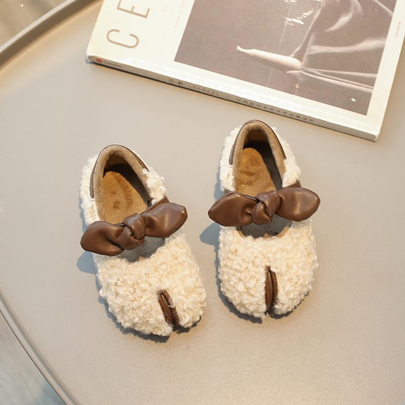 Зимняя детская обувь с мягкой подошвой для девочек, хлопковая обувь, модная детская обувь с бантом, простая плюшевая обувь на плоской подошве, повседневная, теплая, с липучкой