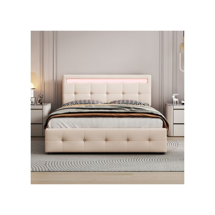 Lit rembourré avec LED 140 x 200 cm, sommier à lattes sur roulettes, lit simple avec tête de lit et 4 tiroirs (sans matelas)