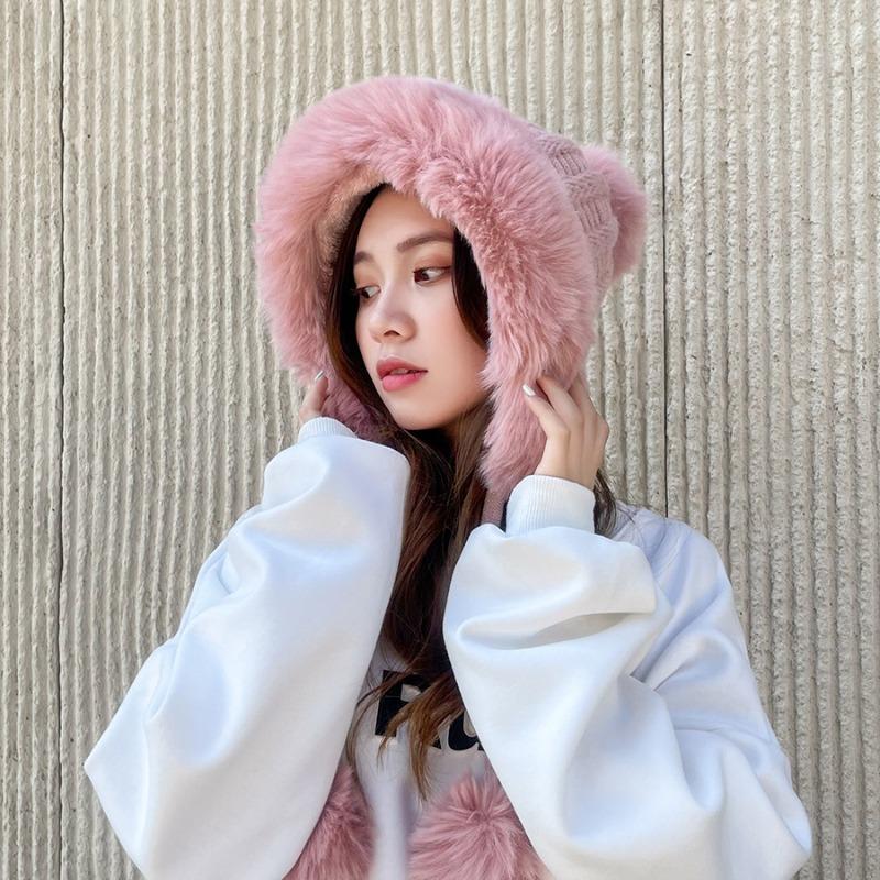 Cashmere Knitted Hat Thick Ear Protection Woolen Hat Big Wool Collar Warm Hat