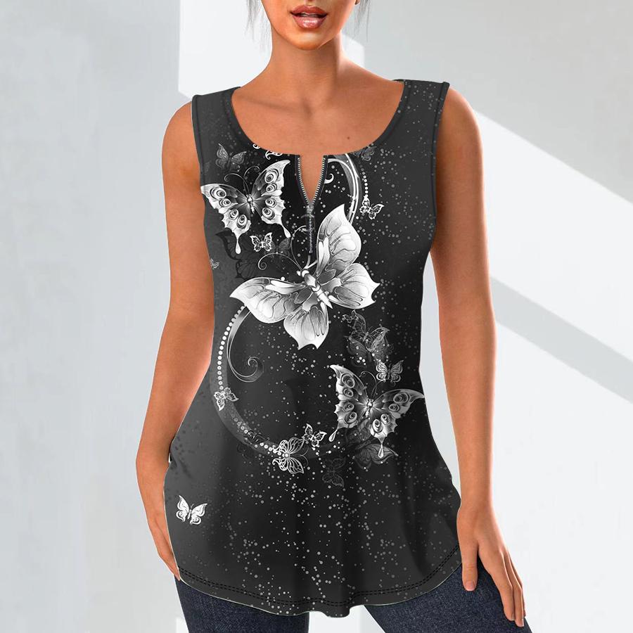 Women's Fashion V Neck Shirts Casual Tops T-shirt Ladies 3D Flying Butterfly Print Vest Plus Size Sleeveless Blouse Tank Tops