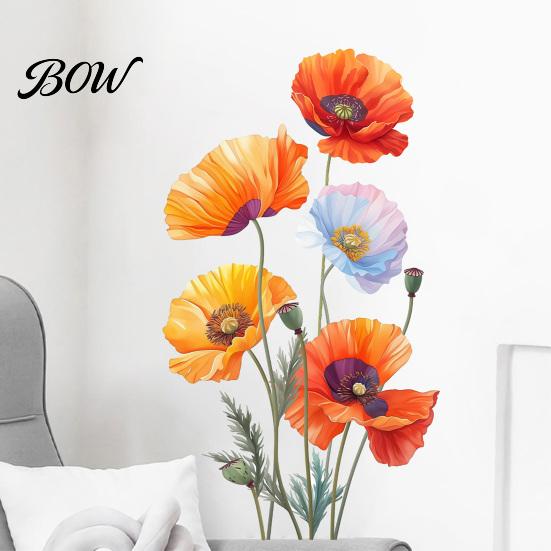 Large Flower Wall Art for Bedroom 2Pcs Watercolor Stickers, PVC Waterproof Floral Decals, Peel And Stick Botanical Decor Living Room Decor,