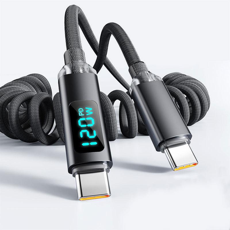 120W Car Spring Type C Cable For iPhone Huawei Xiaomi Samsung PD Fast Charging For Macbook iPad USB Type C to Type C Cable