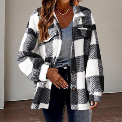 Осенне-зимняя женская куртка с ложными карманами, контрастный клетчатый принт, отложной воротник, однобортный кардиган с длинными рукавами, плюшевое пальто большого размера