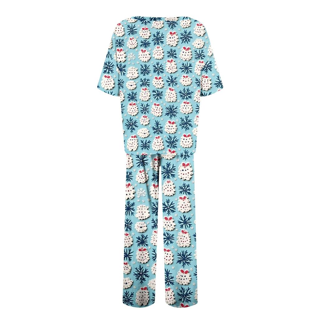 Женский шелковый атласный пижамный комплект с рождественским принтом, рубашка с коротким рукавом и длинные пижамные штаны, мягкая домашняя одежда