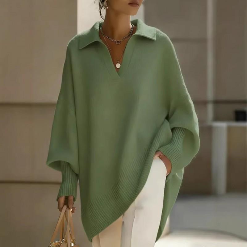 Womens Solid Color Long Sleeve Turn-Down Collar Sweater Loose Fit Casual Knit Top