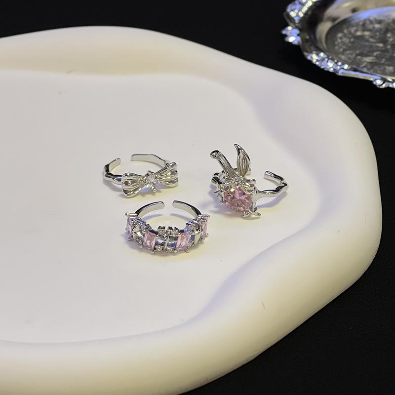 Rabbit Bow Pink Zircon Stacked Open Ring Niche Design High Sense Cold Wind Ring Woman