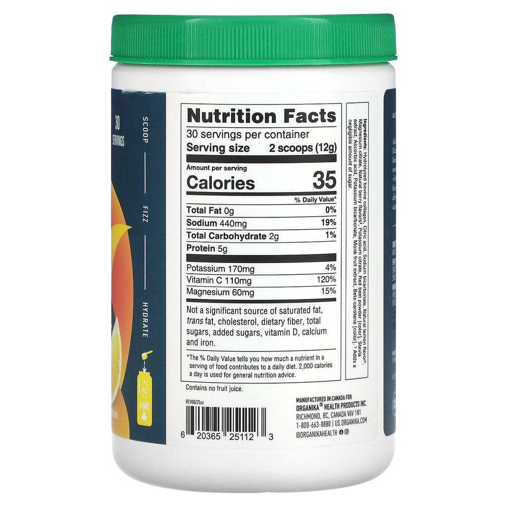 Organika Electrolytes + Enhanced Collagen, Zesty Lemon Berry, 12.7 Oz (360 G)