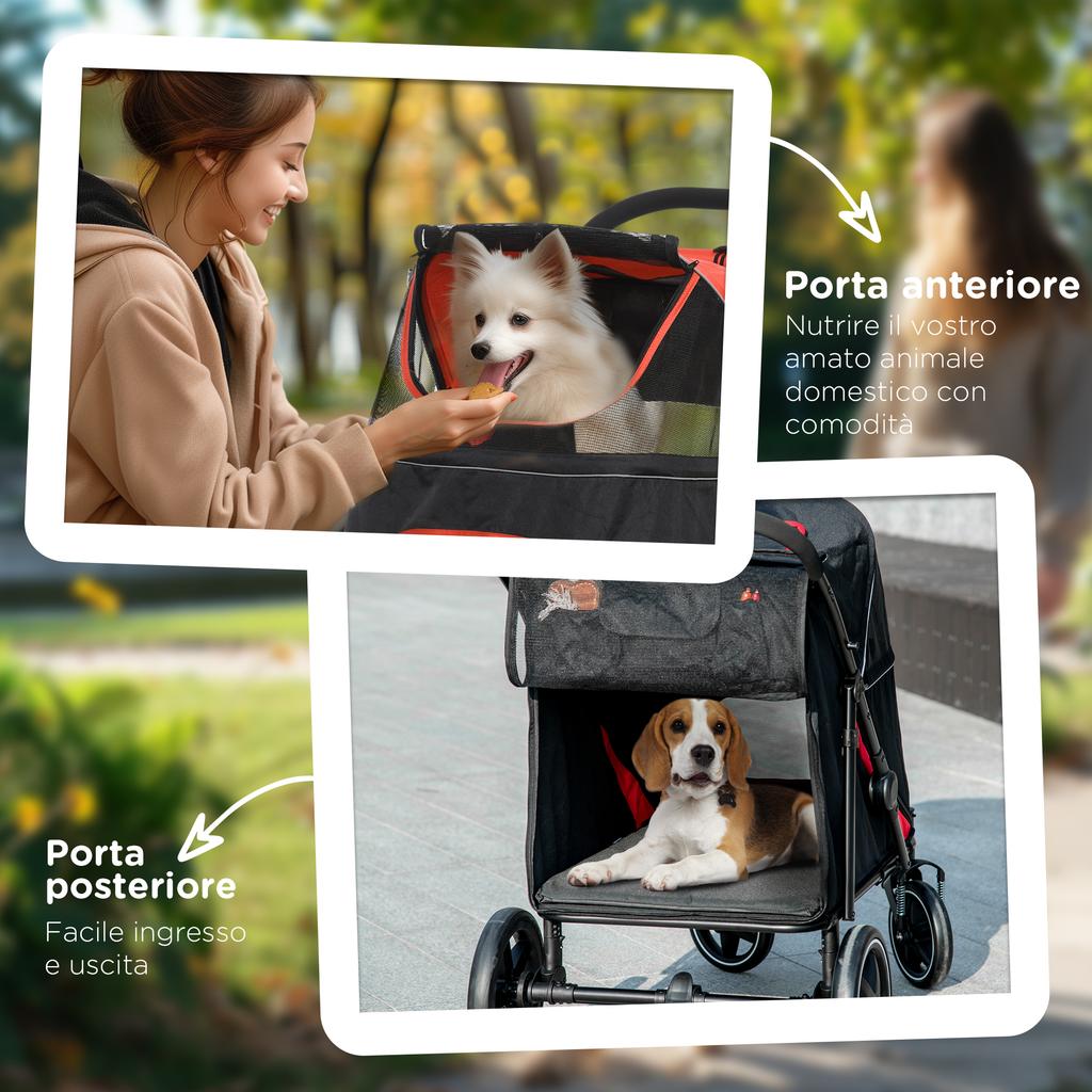Folding Dog Stroller with Zippered Entrances and Mesh Windows, 112x65x100 cm, Red and Black